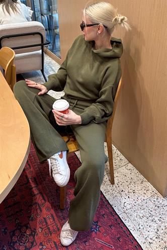 Haki Kapüşonlu Triko Kadın Eşofman Takımı MG2237