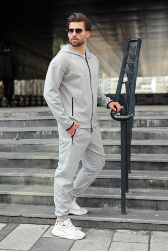 Gri Erkek Kapüşonlu Fermuarlı Erkek Eşofman Takımı E7343