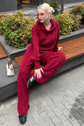 Bordo Kapüşonlu Triko Kadın Eşofman Takımı MG2237
