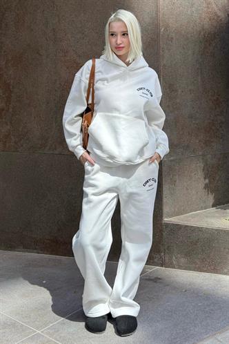 Ekru Kapüşonlu Baskılı Kadın Eşofman Takımı MG2524