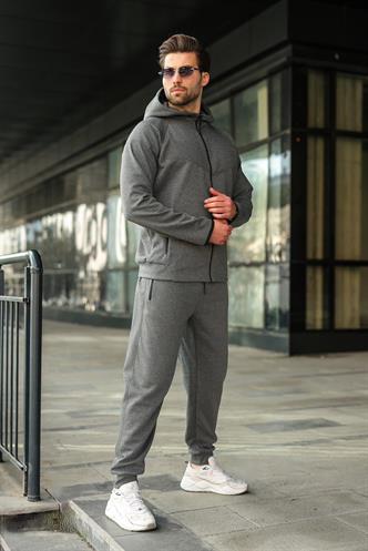 Antrasit Erkek Kapüşonlu Fermuarlı Erkek Eşofman Takımı E7343