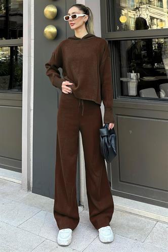 Kahverengi Kapüşonlu Triko Kadın Eşofman Takımı MG2237