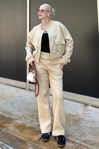 Bej Bisiklet Yaka Ceket Alt Üst Eşofman Takımı MG2182