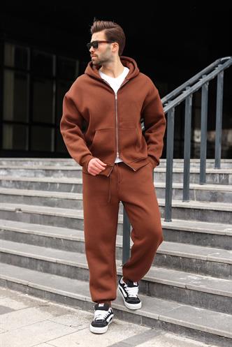 Acı Kahverengi Çift Fermuarlı Kapüşonlu Eşofman Takımı E7345
