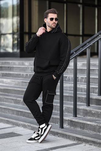 Siyah Erkek Kapüşonlu Paçası Lastikli Eşofman Takımı 5957