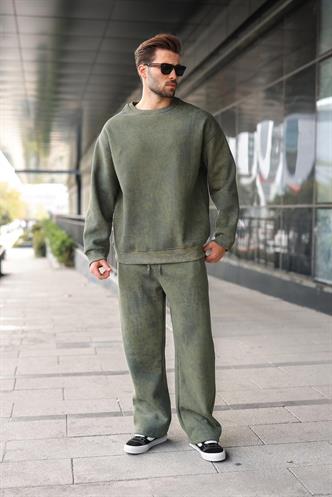 Haki Bisiklet Yaka Batik Desenli Erkek Sweatshirt Pantolon Takım E7344