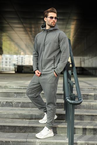 Antrasit Erkek Kapüşonlu Fermuarlı Erkek Eşofman Takımı E7343