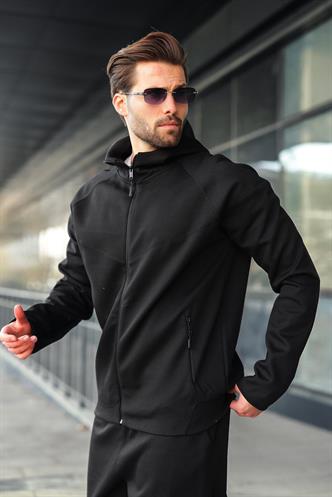 Siyah Erkek Kapüşonlu Fermuarlı Erkek Eşofman Takımı E7343