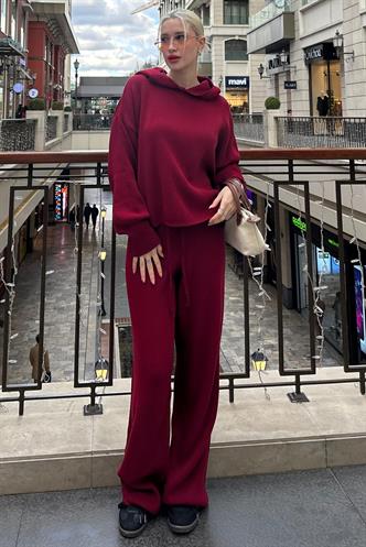 Bordo Kapüşonlu Triko Kadın Eşofman Takımı MG2237