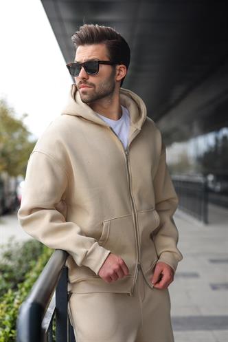 Bej Çift Fermuarlı Kapüşonlu Eşofman Takımı E7345