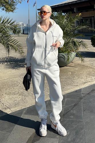 Ekru Kapüşonlu Fermuarlı Eşofman Takımı MG2227