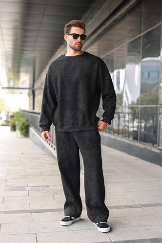 Siyah Bisiklet Yaka Batik Desenli Erkek Sweatshirt Pantolon Takım E7344