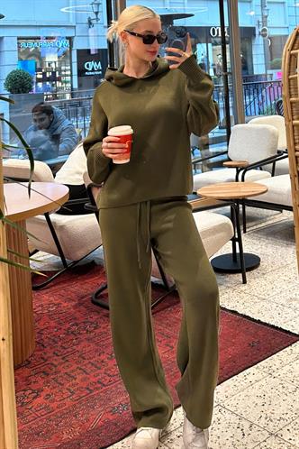Haki Kapüşonlu Triko Kadın Eşofman Takımı MG2237