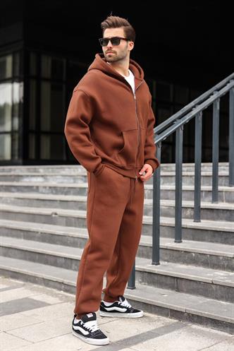 Acı Kahverengi Çift Fermuarlı Kapüşonlu Eşofman Takımı E7345