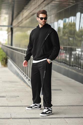 Siyah Kapüşonlu Kanguru Cep Erkek Eşofman Takımı E7325
