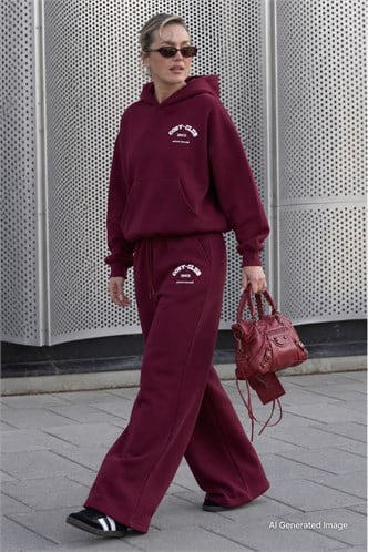 Bordo Kapüşonlu Baskılı Kadın Eşofman Takımı MG2524