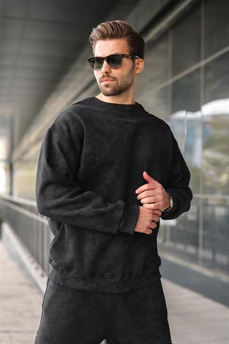 Siyah Bisiklet Yaka Batik Desenli Erkek Sweatshirt Pantolon Takım E7344