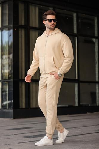 Bej Kapüşonlu Fermuarlı Basic Erkek Eşofman Takımı E7331