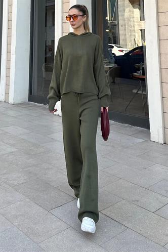 Haki Kapüşonlu Triko Kadın Eşofman Takımı MG2237