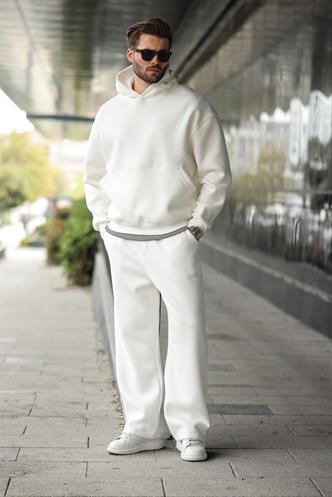 Ekru Kapüşonlu Kanguru Cep Erkek Eşofman Takımı E7338