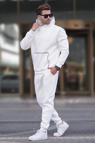 Ekru Erkek Kapüşonlu Paçası Lastikli Eşofman Takımı 7045