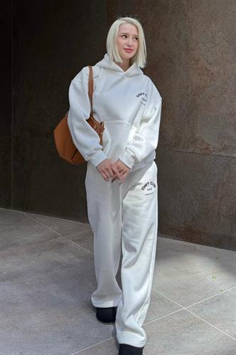 Ekru Kapüşonlu Baskılı Kadın Eşofman Takımı MG2524