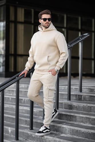 Bej Erkek Kapüşonlu Paçası Lastikli Eşofman Takımı 5957
