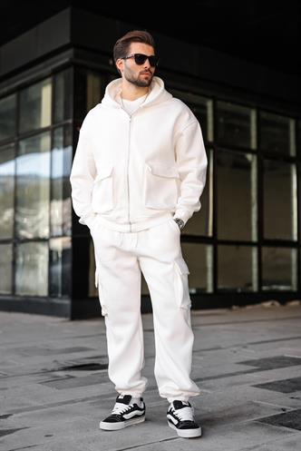 Ekru Kapüşonlu Kargo Cepli Erkek Eşofman Takımı E7342