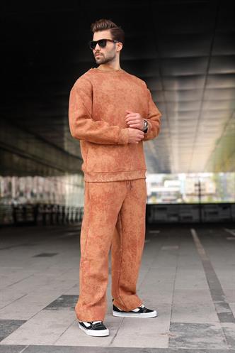 Kahverengi Bisiklet Yaka Batik Desenli Erkek Sweatshirt Pantolon Takım E7344