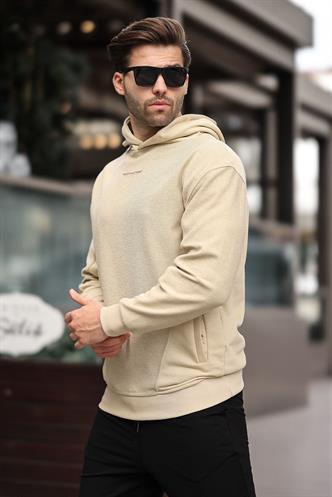 Bej Kapüşonlu Cep Detaylı Nakışlı Erkek Sweatshirt 7050