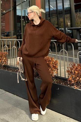 Kahverengi Kapüşonlu Triko Kadın Eşofman Takımı MG2237