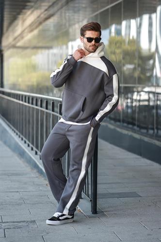 Füme Kapüşonlu Şerit Detaylı Erkek Eşofman Takımı E7326