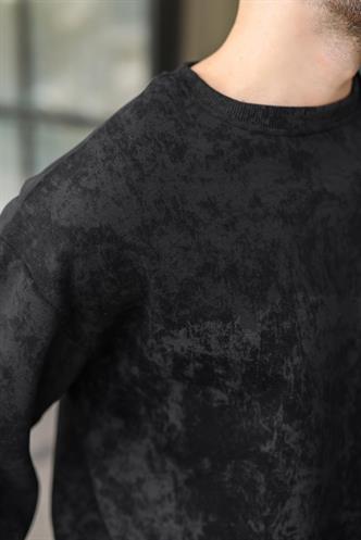 Siyah Bisiklet Yaka Batik Desenli Erkek Sweatshirt Pantolon Takım E7344