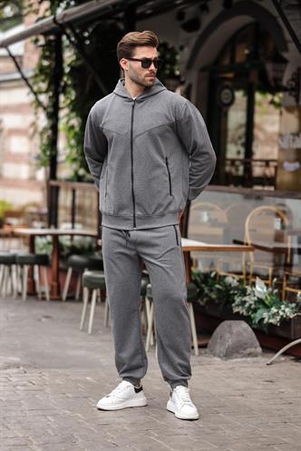 Antrasit Kapüşonlu Rahat Kesim Erkek Eşofman Takımı E7330