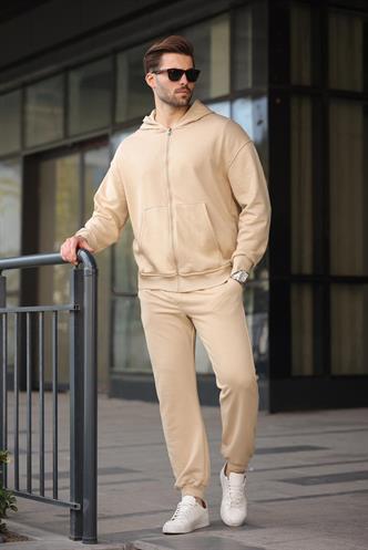 Bej Kapüşonlu Fermuarlı Basic Erkek Eşofman Takımı E7331