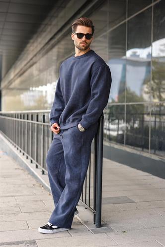 Lacivert Bisiklet Yaka Batik Desenli Erkek Sweatshirt Pantolon Takım E7344