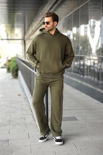 Haki Kanguru Cep Kapüşonlu Erkek Eşofman Takımı E7336