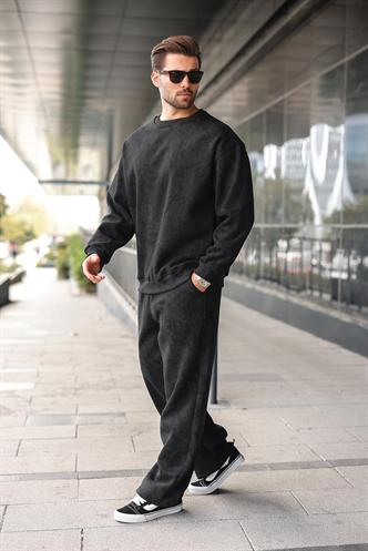 Siyah Bisiklet Yaka Batik Desenli Erkek Sweatshirt Pantolon Takım E7344