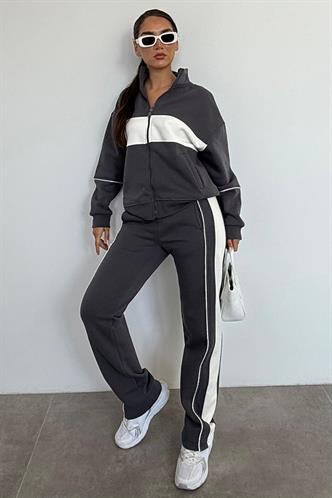 Füme Dik Yaka Fermuarlı Şeritli Eşofman Takımı MG2216