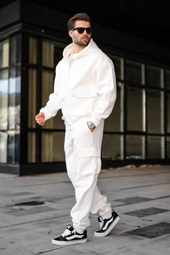 Ekru Kapüşonlu Kargo Cepli Erkek Eşofman Takımı E7342