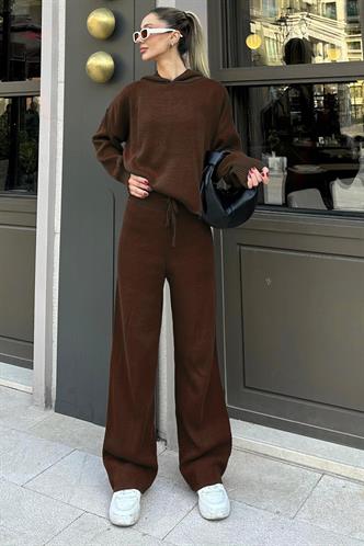 Kahverengi Kapüşonlu Triko Kadın Eşofman Takımı MG2237