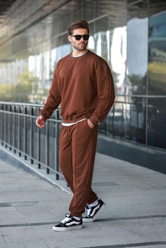 Acı Kahverengi Bisiklet Yaka Basic Erkek Eşofman Takımı E7323