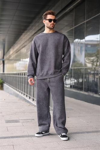 Füme Bisiklet Yaka Batik Desenli Erkek Sweatshirt Pantolon Takım E7344