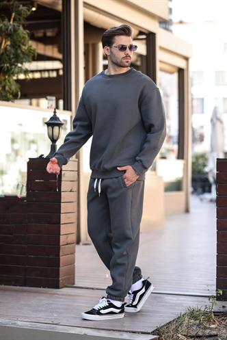 Füme Kahverengi Bisiklet Yaka Basic Eşofman Takımı E7329