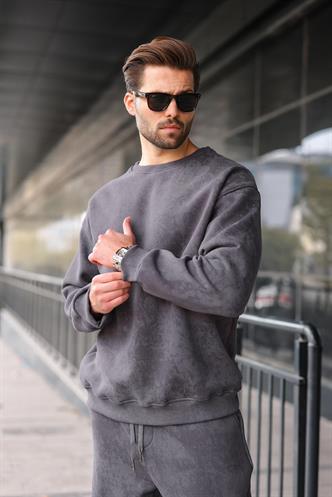 Füme Bisiklet Yaka Batik Desenli Erkek Sweatshirt Pantolon Takım E7344