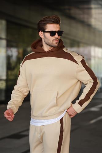 Bej Kapüşonlu Şerit Detaylı Erkek Eşofman Takımı E7326