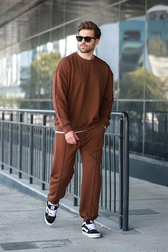 Acı Kahverengi Bisiklet Yaka Basic Erkek Eşofman Takımı E7323