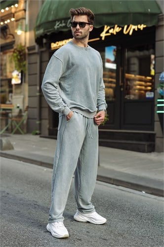 Gri Yıkamalı Bisiklet Yaka Regular Fit Erkek Sweat Eşofman Takım E7369