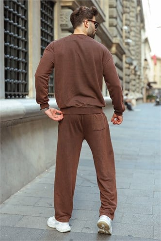 Kahverengi Yıkamalı Bisiklet Yaka Regular Fit Erkek Sweat Eşofman Takım E7369