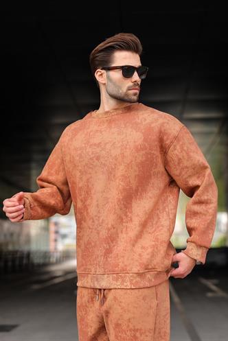 Kahverengi Bisiklet Yaka Batik Desenli Erkek Sweatshirt Pantolon Takım E7344